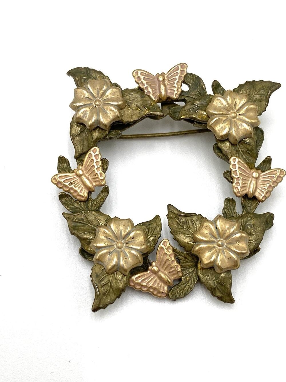 Vintage Brooch Wreath Pin Floral Butterfly Multi Tone Estate